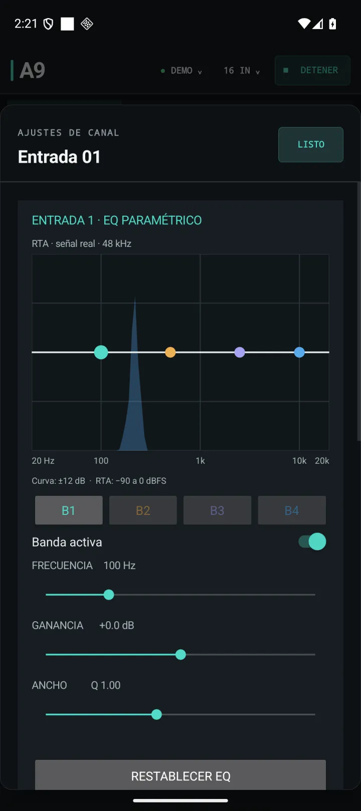 EQ paramétrico de la entrada 1 con el analizador en tiempo real