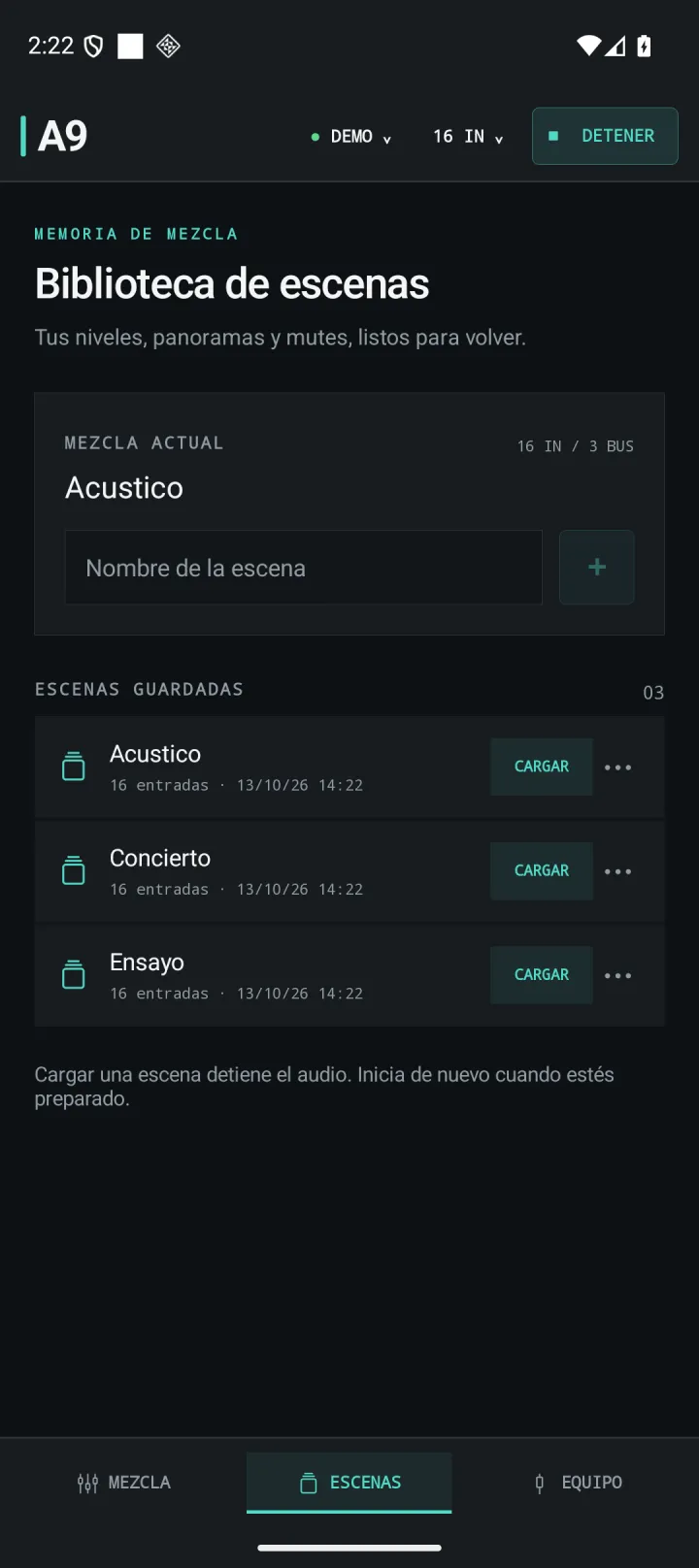 Biblioteca de escenas con tres escenas guardadas